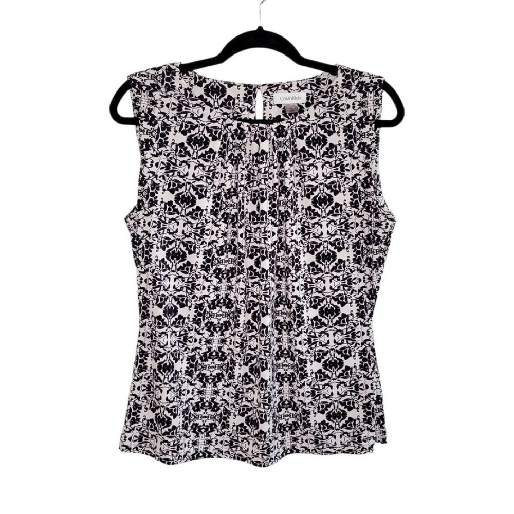 Calvin Klein Sleeveless Pleated Floral Print Blouse Women's L White/Black/Purple